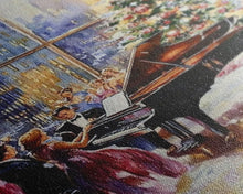 Load image into Gallery viewer, Elegant Christmas party with grand piano and city skyline view Framed Canvas Print, classy holiday wall art perfect seasonal decor idea