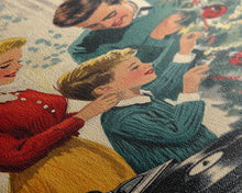 Carregar imagem no visualizador da galeria, Mid-Century Family Christmas Celebration with Turntable and Christmas Tree, Retro Holiday Wall Art, Framed Canvas Print