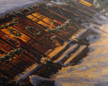 Carregar imagem no visualizador da galeria, Festive Log Cabin Winter Scene Framed Canvas Print Christmas Wall Art, Rustic Holiday Art, Cozy Christmas Scene, Seasonal Wall Decor Gift