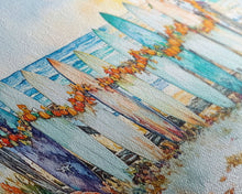 Carregar imagem no visualizador da galeria, Framed Canvas Print Beach Scene with Surfboards and Pumpkins, Fall Beach Decor, Autumn Coastal Wall Art, Perfect Fall Beach Theme