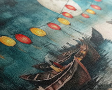 Load image into Gallery viewer, Framed Canvas Print Full Moon Lanterns on Boats, Dreamy Night Scene, Watercolor Christmas Art, Unique Holiday Decor, Coastal Christmas