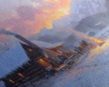 Load image into Gallery viewer, Cozy Snowy Log Cabin Tall Art Framed Canvas Print Winter Home Decor With Warm Fireplace And Horse Rider Under A Beautiful Sunset Scene