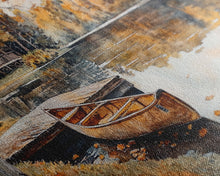 Carregar imagem no visualizador da galeria, Fall lake house decor Framed Canvas Print serene lakeside cabin canoe rustic autumn wall art seasonal decor gift idea cozy fall home decor