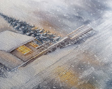 Carregar imagem no visualizador da galeria, Christmas winter cabin Framed Canvas Print snowy lakeside cabin Christmas tree cozy holiday decor winter wonderland art Christmas wall decor