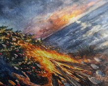 Load image into Gallery viewer, Beach Christmas decor with bonfire, sunset coastal holiday wall art, Christmas tree print, festive coastal art gift, framed canvas print