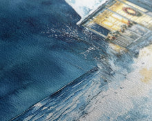 Cargar imagen en el visor de la galería, Coastal Christmas cabin decor, winter beach house art, snowy holiday seaside print, cozy Christmas wall art, framed canvas print