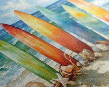 Load image into Gallery viewer, Colorful surfboards Christmas wall art, beach holiday decor, coastal Christmas art, framed canvas print, tropical Christmas art gift