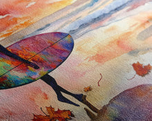 Carregar imagem no visualizador da galeria, Autumn Surfing Sunset Canvas Print | Fall Surf Art Gift | Seasonal Wall Art Decor | Gift Idea | Beach Decor Fall Theme | Framed Canvas Print