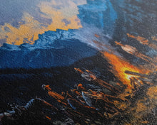 Carregar imagem no visualizador da galeria, Framed Canvas Print Western Cowboys Campfire Evening Art Landscape Rustic Winter Mountain Home Decor Extra Large Wall Art Gift