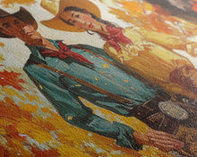 Carregar imagem no visualizador da galeria, Autumn Cowboy In Forest Framed Canvas Print Western Cowboy Wall Art Fall Cowboy Gift Rustic Wall Decor Moody Landscape Above Sofa