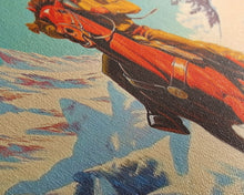 Load image into Gallery viewer, Cowboy in red jacket riding through snow-covered forest, Framed Canvas Print, vibrant winter wall art, rustic western decor