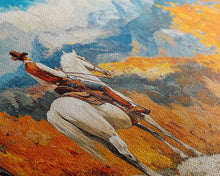 Load image into Gallery viewer, Cowboy on autumn swing, Framed Canvas Print, rustic Western art with vibrant fall, tall framed canvas print autumn decor farmhouse wall art