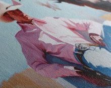 Carregar imagem no visualizador da galeria, Autumn-themed portrait Framed Canvas Print of a woman in a cowboy hat holding a cup of coffee, surrounded by fall leaves, cozy fall decor