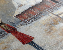 Load image into Gallery viewer, Barn Painting Framed Canvas Print, Cowgirl and her Barn, Rustic Farmhouse Decor, Winter Painting, Winter Wonderland, Farmhouse Wall Art