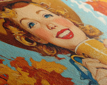 Load image into Gallery viewer, Cowgirl Having A Cup Of Joe, Framed Canvas Print, Farmhouse / Western Rustic Charm, Seasonal Art Piece to Warm Up Your Home Decor This Fall