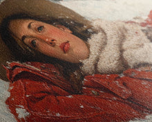 Load image into Gallery viewer, Cowgirl Laying In The Snow Framed Canvas Print, Cute Rustic Decor, Cowgirl Portrait Painting, Winter Wall Art