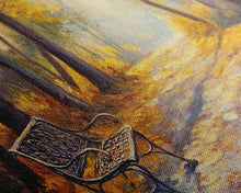 Load image into Gallery viewer, Autumn Path Bench Framed Canvas Print, Serene Fall Landscape Wall Art, Cozy Farmhouse Decor, Seasonal Wall Art Gift Idea