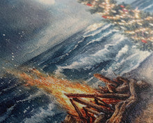 Load image into Gallery viewer, Cozy Bonfire On Beach With Christmas Tree Framed Canvas Print, Nighttime Winter Beach Holiday Wall Art And Coastal Decor