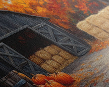 Cargar imagen en el visor de la galería, Fall Barnyard with Pumpkins Framed Canvas Print Farmhouse Decor, Fall Art Print, Rustic Home Decor, Seasonal Gift Wall Art