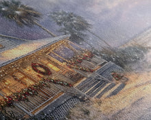 Load image into Gallery viewer, Christmas beach decor scene in tropical house with wreath and lights, Framed Canvas Print palm trees snow, winter art and holiday home decor