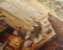 Carregar imagem no visualizador da galeria, Rustic Christmas dining room scene with a Christmas tree, Framed Canvas Print with a festive table warm fireplace, farmhouse holiday decor