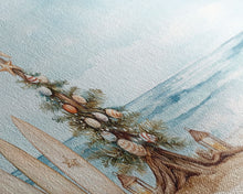 Load image into Gallery viewer, Beach Christmas scene with surfboards and decorated tree, tropical holiday art framed canvas print, perfect coastal seasonal decor