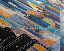 Load image into Gallery viewer, Abstract jazz party scene with grand piano, colorful stained glass aesthetic, framed canvas print ideal vibrant music wall art decor