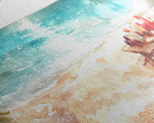 Load image into Gallery viewer, Beach Christmas decor picnic setup with palm trees and lights, framed canvas print showcasing tropical coastal holiday art decor