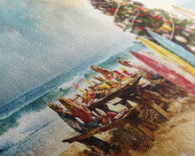 Cargar imagen en el visor de la galería, Christmas family picnic by the beach with surfboards and tree, framed canvas print tropical coastal holiday beach Christmas decor