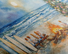 Cargar imagen en el visor de la galería, Christmas bonfire on the beach with surfboards and decorated tree, framed canvas print ideal tropical holiday wall art decor