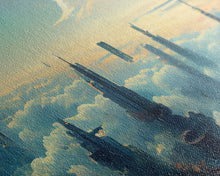 Load image into Gallery viewer, Cyberpunk City Above The Clouds, Futuristic Metropolis, Extra Large Wall Art, Framed Panoramic Canvas Print, Framed Wall Decor