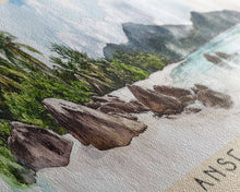 Load image into Gallery viewer, Anse Cocos, Seychelles Watercolor Beach Print, Vacation Gift, Seychelles Wall Art, Beach Painting, Beach Decor, Beach Painting