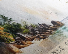 Load image into Gallery viewer, Anse Georgette, Seychelles Watercolor Beach Print, Vacation Gift, Seychelles Wall Art, Framed Canvas Print, Framed Beach Painting