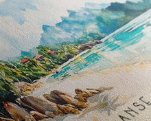 Load image into Gallery viewer, Anse Marron, Seychelles Watercolor Print, Vacation Gift, Seychelles Wall Art, Beach Painting, Beach Decor, Large Wall Art, Wood Frame Art