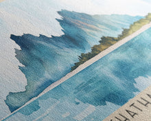 Load image into Gallery viewer, Chatham Island, New Zealand Watercolor Print, Vacation Gift, New Zealand Wall Art, Beach Painting, Beach Decor, Large Wall Art, Wood Frame Art