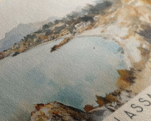 Load image into Gallery viewer, Falassarna Beach, Greece Watercolor Print, Vacation Gift, Greece Wall Art, Beach Painting, Beach Decor, Large Wall Art, Wood Frame Art