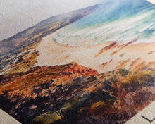 Load image into Gallery viewer, Bells Beach, Australia Watercolor Beach Print, Vacation Gift, Australia Wall Art, Framed Canvas Print, Framed Beach Painting