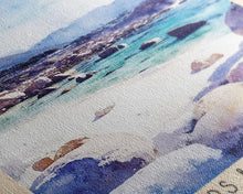 Load image into Gallery viewer, Boulders Beach, Cape Town, South Africa Watercolor Print, Vacation Gift, South Africa Wall Art, Beach Painting, Beach Decor, Large Wall Art, Wood Frame Art