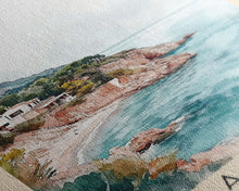 Cargar imagen en el visor de la galería, Cala Salada, Spain Watercolor Beach Print, Vacation Gift, Spain Wall Art, Framed Canvas Print, Framed Beach Painting