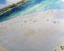 Load image into Gallery viewer, Rangali Island, Maldives Watercolor Beach Print, Vacation Gift, Maldives Wall Art, Framed Canvas Print, Framed Beach Painting