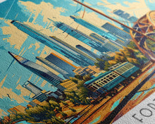 Carregar imagem no visualizador da galeria, Forth Worth Texas Panoramic Painting Framed Canvas Print, Mid Century Modern Art, Pop Art Style, Travel Poster, Living Room Decor