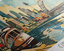 Load image into Gallery viewer, Cincinnati Ohio Panoramic Wall Art, Retro Pop Art Framed Canvas Print, Mid Century Modern Travel Poster, Living Room Decor, Wall Hanging, Office Art