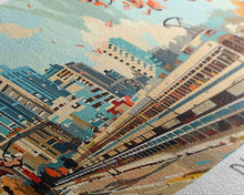 Load image into Gallery viewer, Durham North Carolina Panoramic Painting, Mid Century Modern Framed Canvas Print, Retro Pop Art Travel Poster, Wall Decor, Home Decor, Wall Hanging