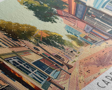 Cargar imagen en el visor de la galería, Carrollton Texas Panoramic Painting, Mid Century Modern Framed Canvas Print, Retro Pop Art Travel Poster, Office Wall Art, City Print