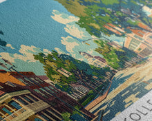 Load image into Gallery viewer, College Station Texas Panoramic Painting, Mid Century Modern Framed Canvas Print, Retro Pop Art Travel Poster, Living Room Art, Home Decor