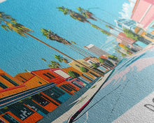 Load image into Gallery viewer, Downey California Panoramic Wall Art, Mid Century Modern Framed Canvas Print, Retro Pop Art Travel Poster, City Living Room Decor, Home Decor