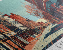 Carregar imagem no visualizador da galeria, Evansville Indiana Panoramic Painting, Mid Century Modern Framed Canvas Print, Retro Pop Art Travel Poster, Living Room Wall Art