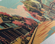 Cargar imagen en el visor de la galería, Cary North Carolina Panoramic Painting, Framed Canvas Print, Mid Century Modern Wall Art, Retro Pop Art Travel Poster, Living Room Decor, City Art