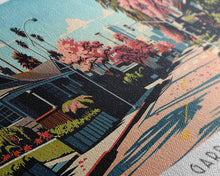 Cargar imagen en el visor de la galería, Garden Grove California Panoramic Painting, Framed Canvas Print, Mid Century Modern Wall Art, Retro Pop Art Travel Poster, Living Room Decor, City Art