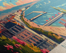 Carregar imagem no visualizador da galeria, Burgas Bulgaria Panoramic Travel Poster, Framed Canvas Print or Metal Wall Art, Travel Art, Home Decor, Panoramic Painting, Midcentury Art